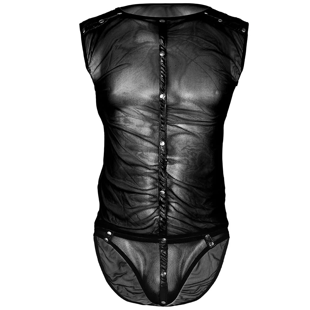 

Men's Sheer Mesh Bodysuit, Transparent Sleeveless Jumpsuit, Sexy See-Through Lingerie Set with Rivets