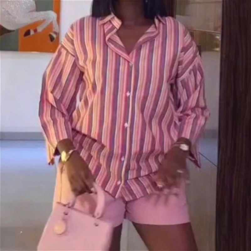 

Shorts Pant Set Women Two Piece Sets Striped Turn Down Collar Matching Sets Shirt Casual Short Pants High Waist Y2k Streetwear