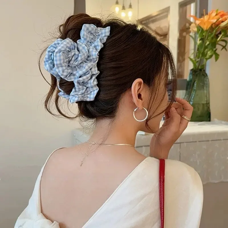 Fabric Plaid Cloud Bubble Hair Claw Elegant Temperament Shark Clip Korean Fashion Women Girls Back Head Hair Grab Styling Clip