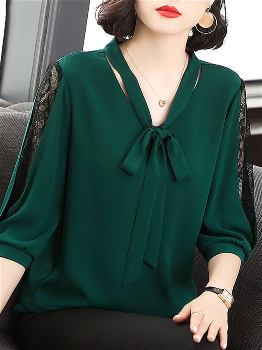 Damskie wiosenne letnie bluzki w stylu topy Lady Casual muszka Colloar pół koronkowy rękaw luźne Blusas topy DF4275