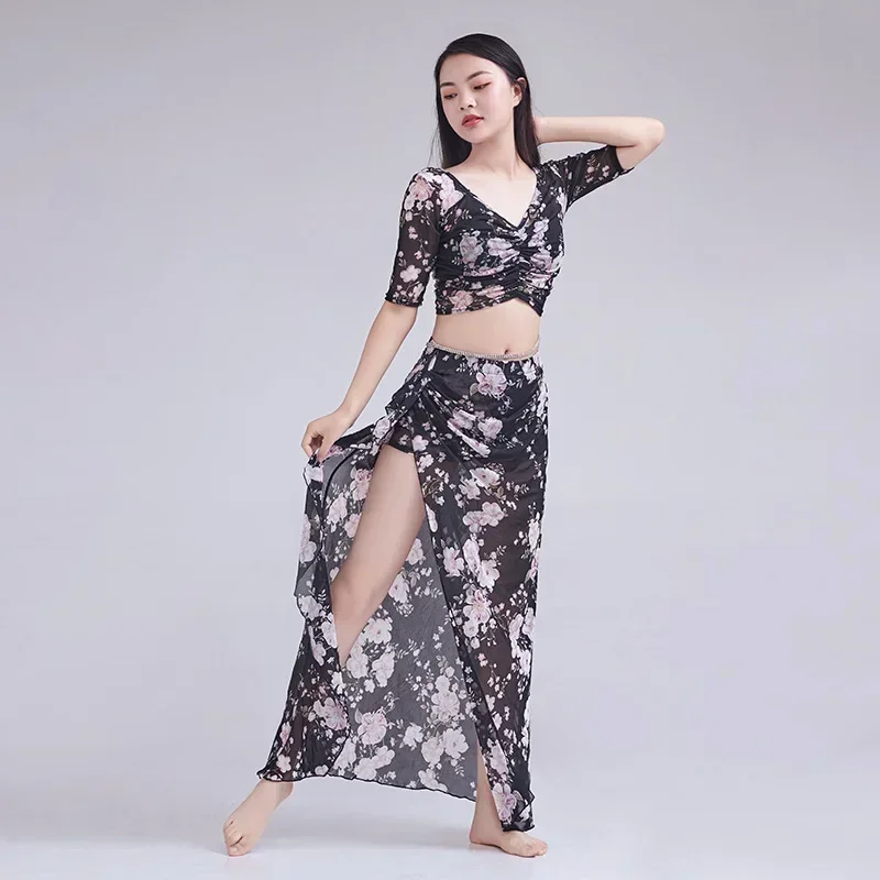 Belly Dance Practice Clothes Long Skirt Suit Luxury Floral Printing Performance Carnaval Costumes Sexy Woman Modern Dance 2023