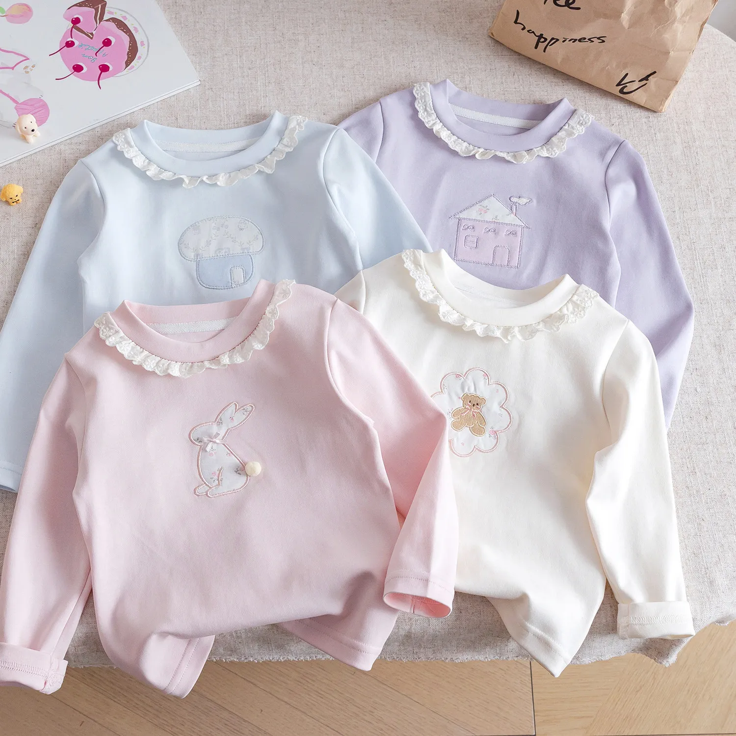 Girls long-sleeved T-shirt lace collar embroidered cartoon bottoming shirt spring and autumn new children's clothing top