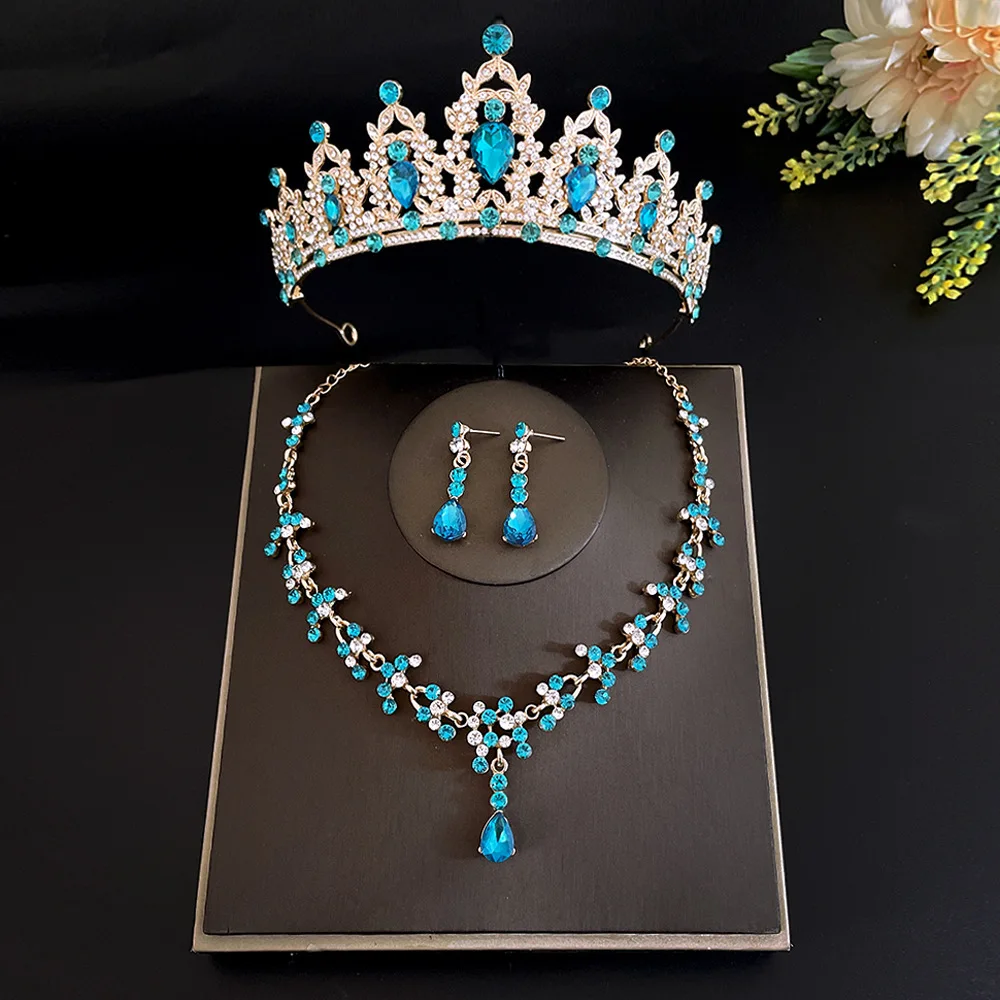 Crown Earring Necklace 3 Pieces Set Shiny Rhinestone Alloy Earrings Jewelry Tiaras Necklaces for Employee Benefits Gift