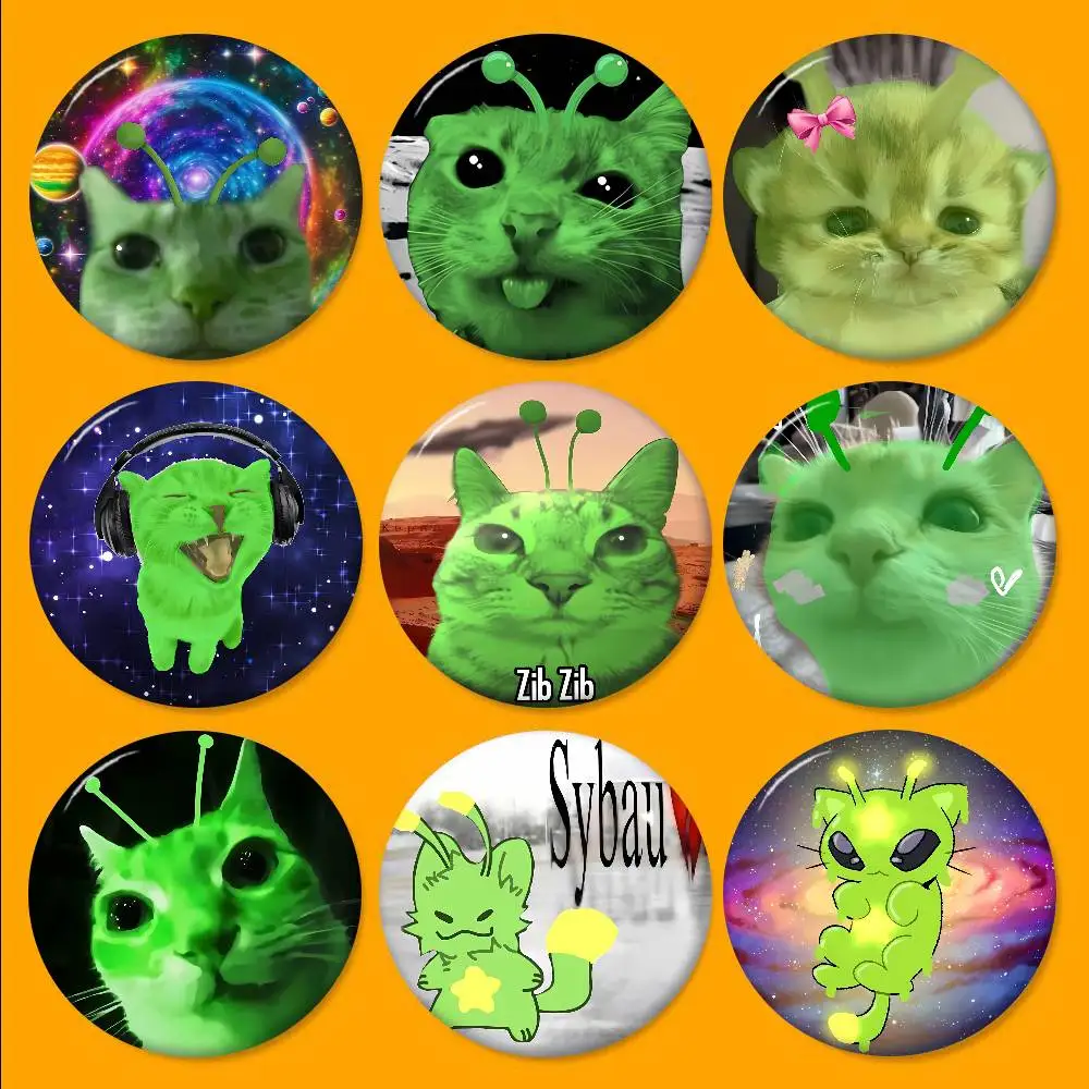 Cute Green Alien Cat 32/44/58mm Round Cartoon Brooches Handmade Pins for Backpack Jewelry Accessories Gifts Creative Badge