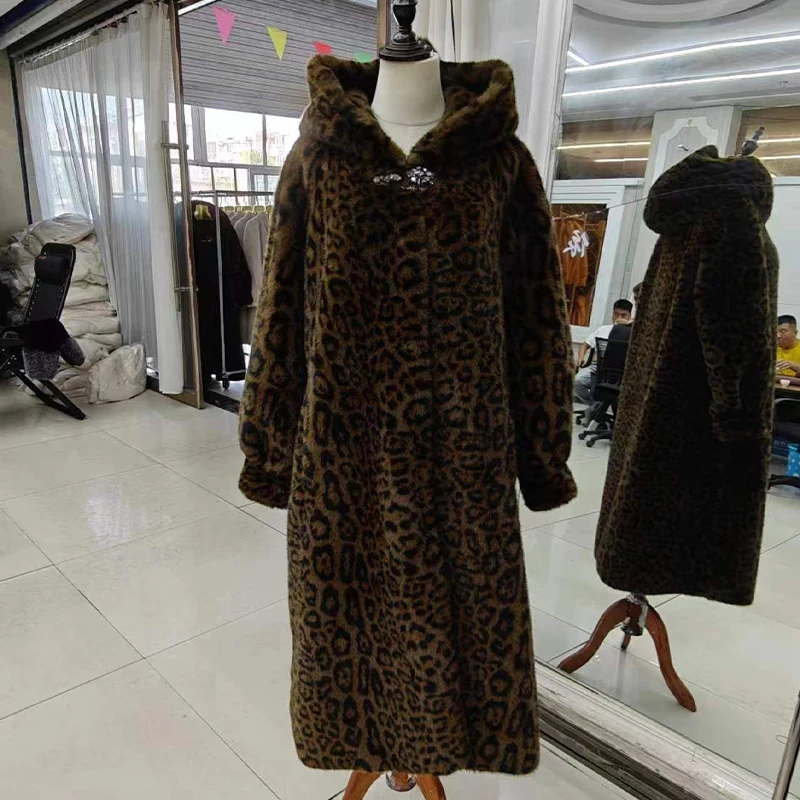 2024 Winter Jacket Long Warm Thick Leopard Dluffy Faux Fur Coat Women Artificial Mink Print Loose Luxury Designer Clothing Women