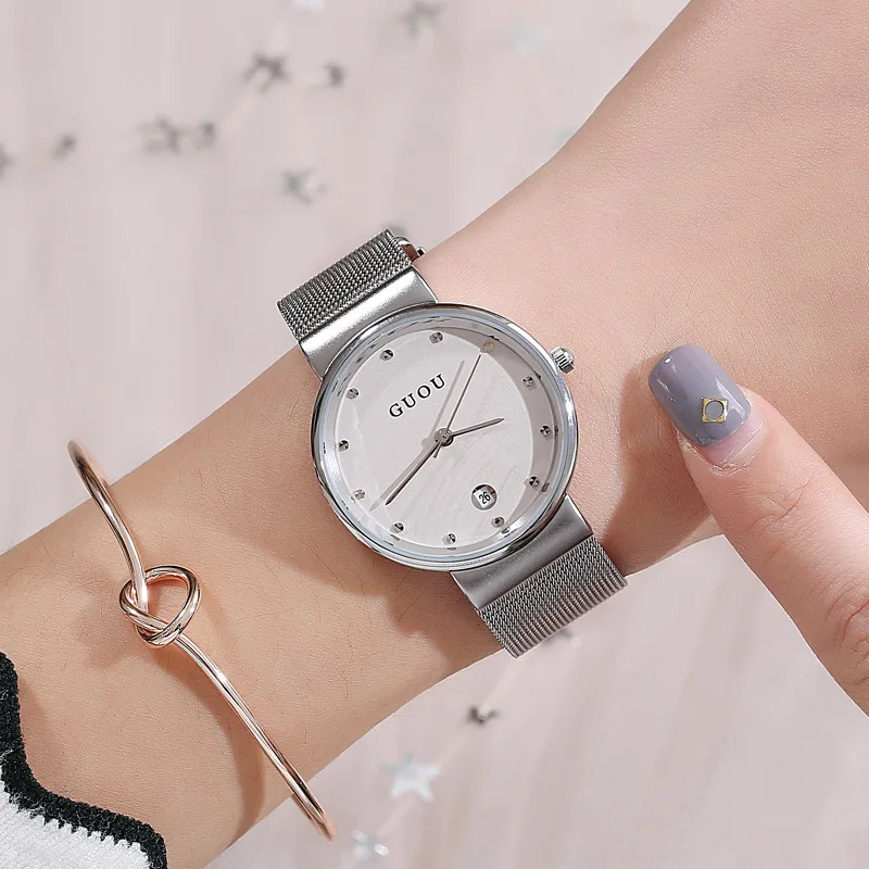 

Элегантные женские наручные часы, женские часы с сетчатым ремешком, модные женские часы нового дизайна в корейском стиле, стильные кварцевые часы.