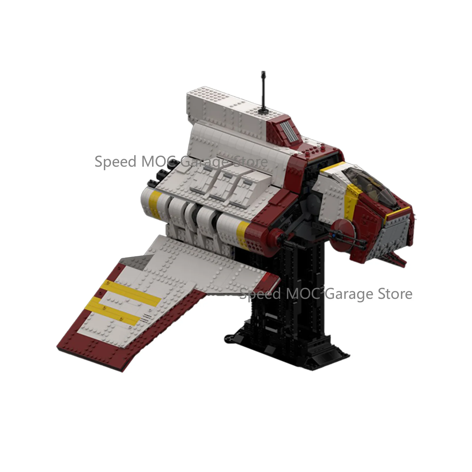 Winged Interstellar Transport Spaceship MOC Brick Red White Color Scheme Detachable Bracket Futuristic Sci-Fi Vessel Building