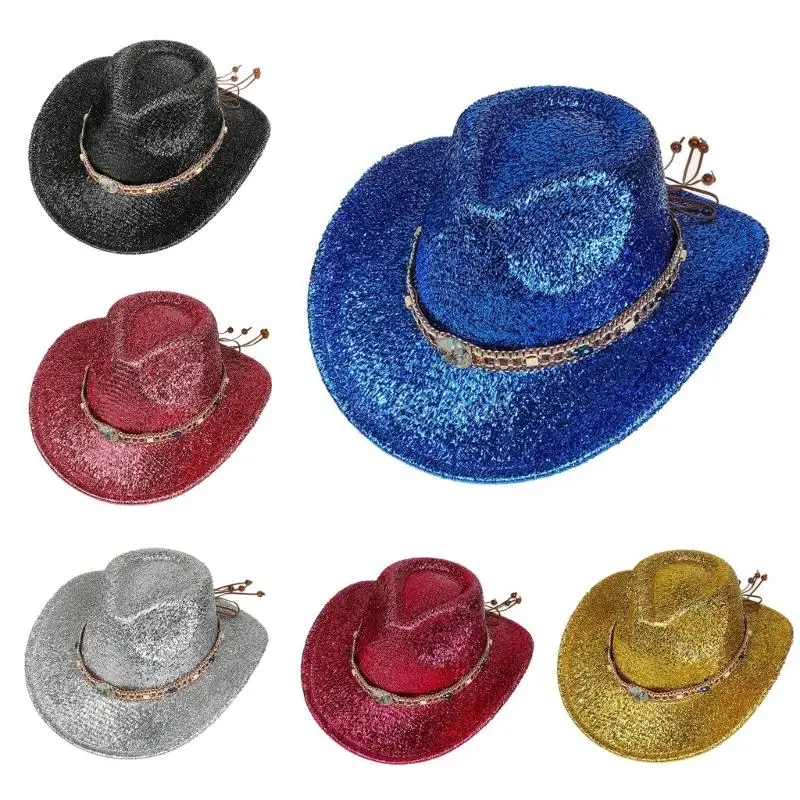 

Vacation Cowboy Hat Adornment Sequined Rapper Gleaming Panama Hat for Club Carnivals Music Festival Cool Party