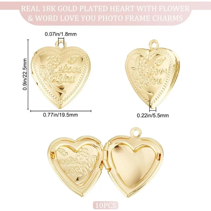 1 Box Heart/Scallop/Ribbon/Book Photo Frame Pendant Charms 18K Gold Plated Photo Locket Charms with Loop for Jewelry Making