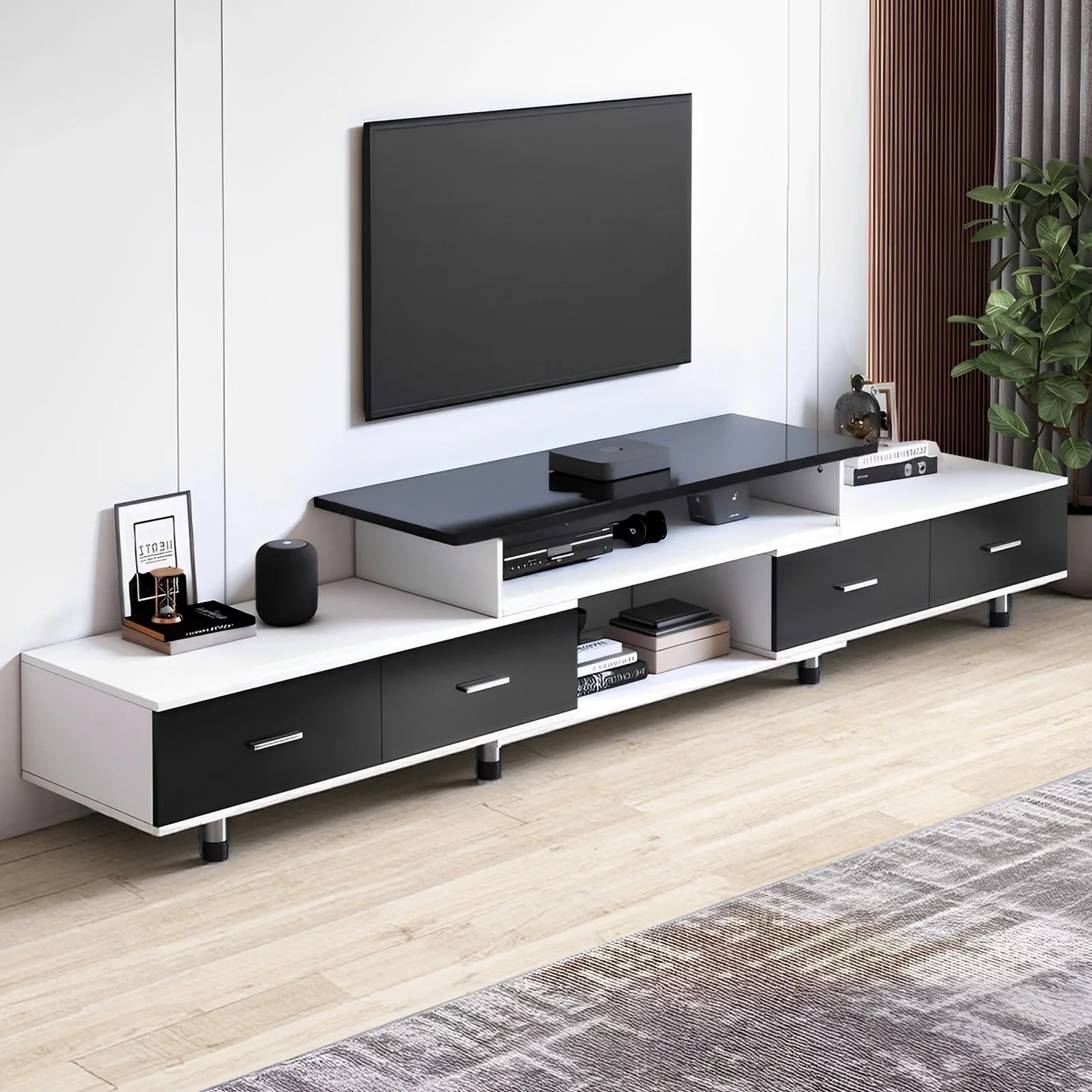 Meuble TV extensible (120‑170 cm) avec 4 tiroirs et 3 étagères, meuble bas conçu pour téléviseur jusqu'à 65 pouces, doté d'un cadre en métal et de pieds réglables, offrant un espace de rangement – mobilier pour salon.