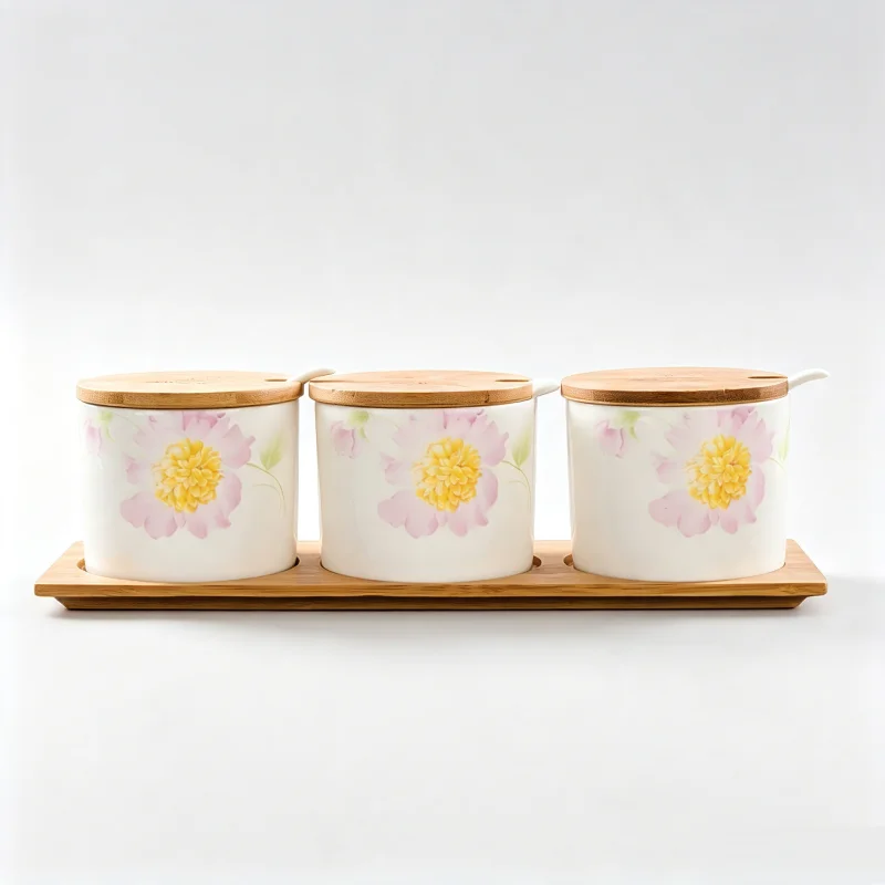 3pcs set, real bone china kitchen jars for spices, sun-flower, ceramic seasoning door condiments, spices organizer kitchen