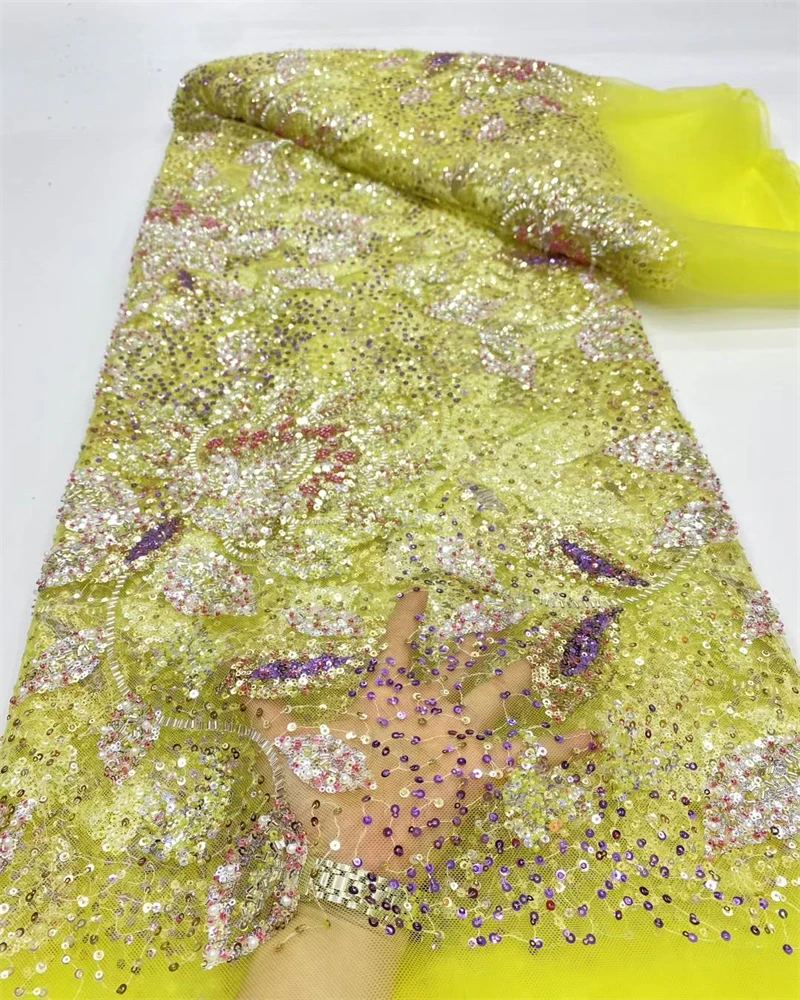 

Fashion French Embroidery Beaded Lace Fabric African Nigerian With Sequins Lace Fabric For Wedding Dress