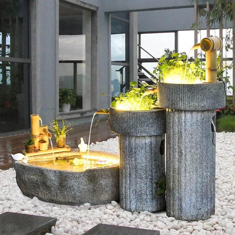 Floor-to-ceiling balcony, living room, flowing water ornament, circulating water feature, fountain, fish pond, Japanese garden