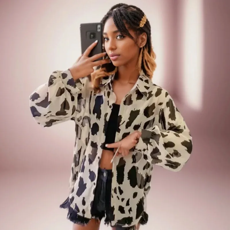 Camisas de gasa para mujer, Tops holgados de manga larga con estampado de leopardo, prendas de vestir que combinan con todo, ropa de ocio Retro Harajuku, protector solar para vacaciones de verano