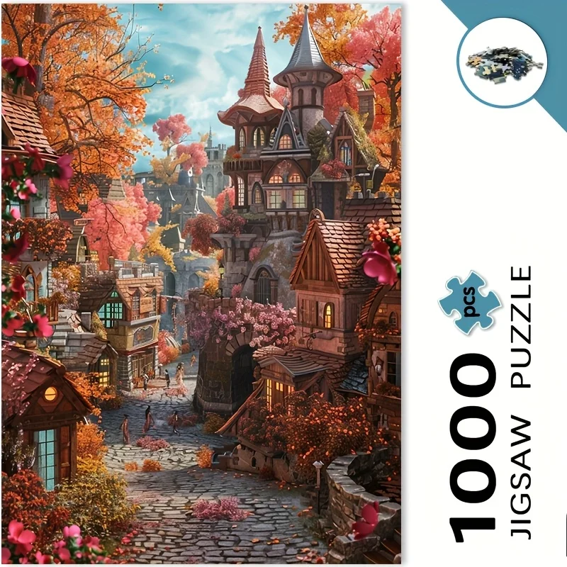 A Enchanted Autumn Village Jigsaw Puzzle with Scratch-Resistant Waterproof Pieces - Challenging Large-Scale Puzzle for Adults