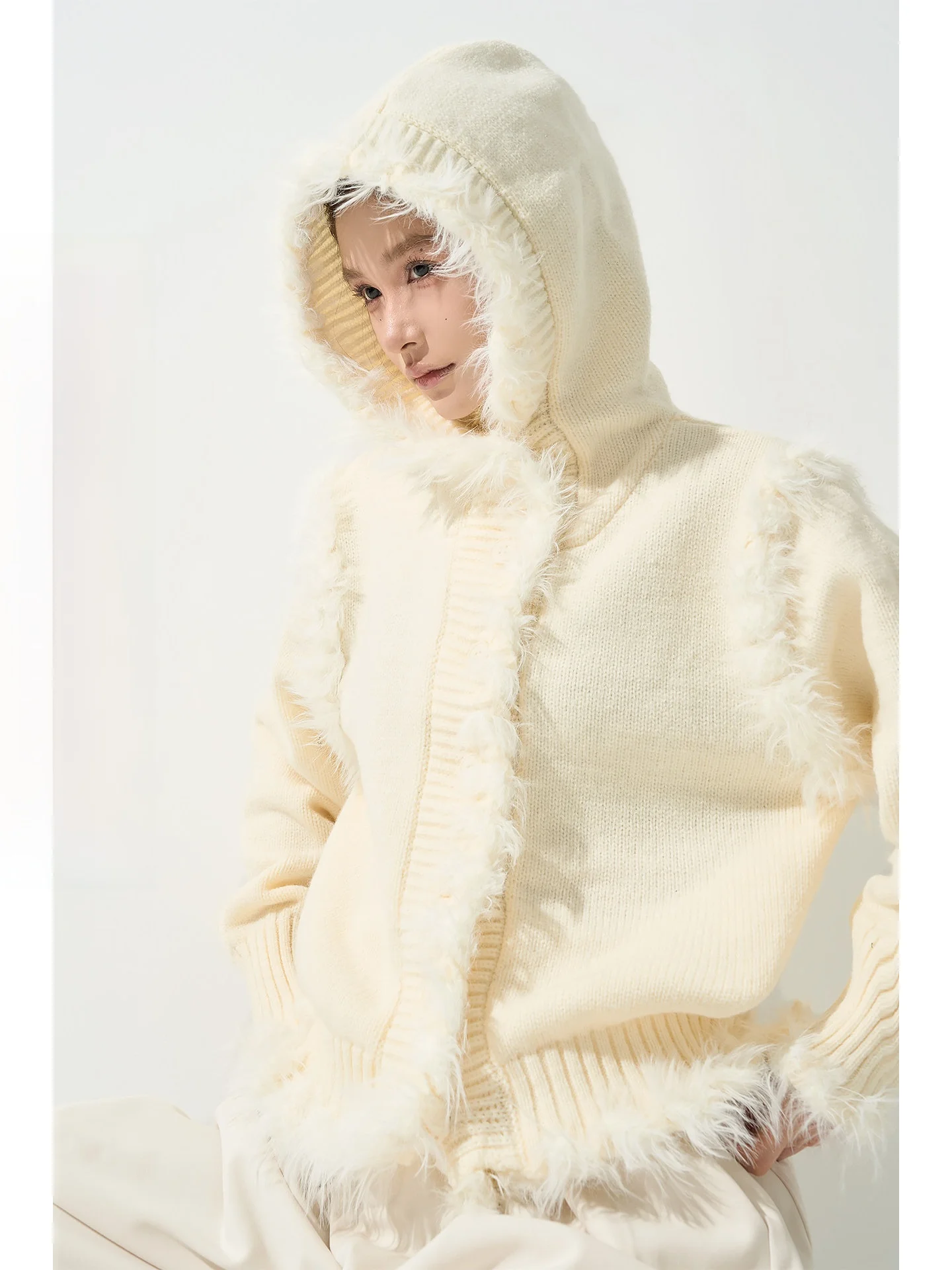 

Wutong Soft Long Sve Hooded Knitwear Women's Autumn Winter Loose Design Sense Faux Fur Collar Top Warm Thermal Single Button