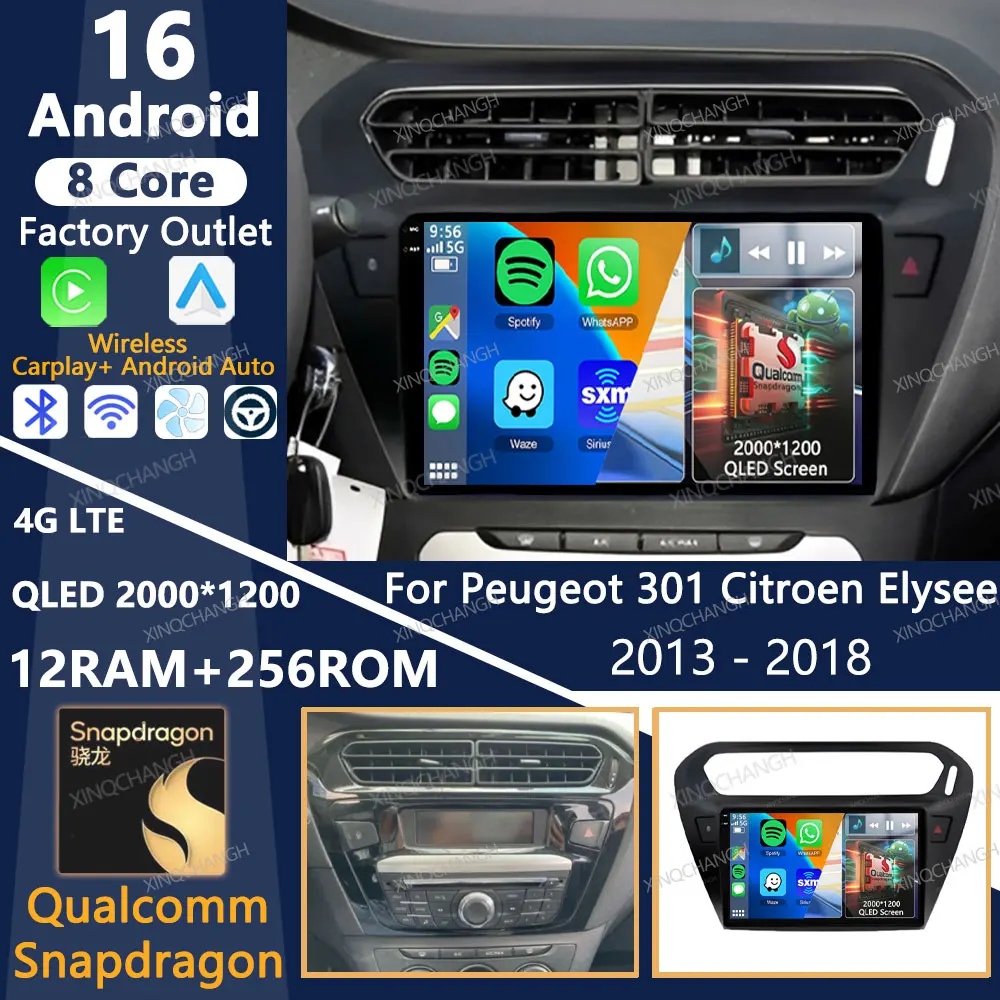 Android 16 Car Radio For Peugeot 301 Citroen Elysee 2013 - 2018 QLED Multimedia Video Player BT GPS Carplay Auto 4G LTE 5G WIFI