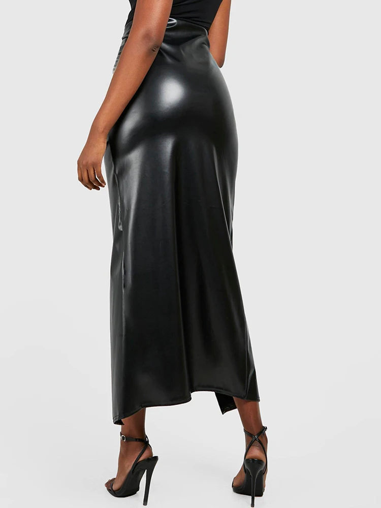 Elegant Matte Faux Leather Pleated Skirt Women Vintage High Waist Stretch PU Midi Skirt High Split Party Long Skirt Clubwear