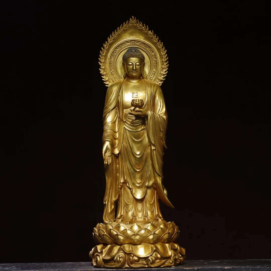 

19"Tibetan Temple Collection Old Bronze Gilded Cinnabar Lotus Shakyamuni Standing Buddha Lotus Terrace Amitabha Worship Hall