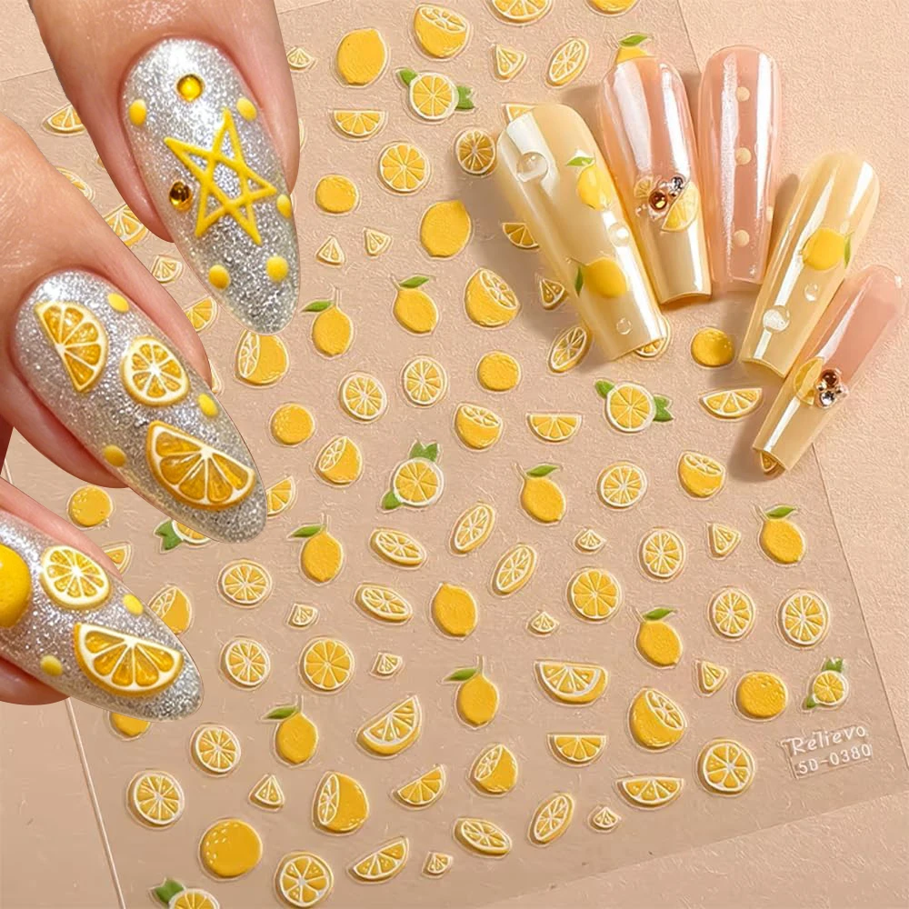 Summer Lemon Nail Art Decals 5D Fruit Self-Adhesive Stickers Sticker for Manicure Ornament DIY Embossed Supply for Face Body