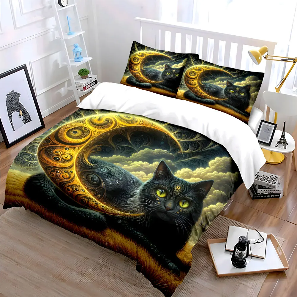 Mystic Cat Moon Decor Set Soft Skin-Friendly Bedding Set Includes 1 Duvet Cover And 2 Pillowcase, Gift