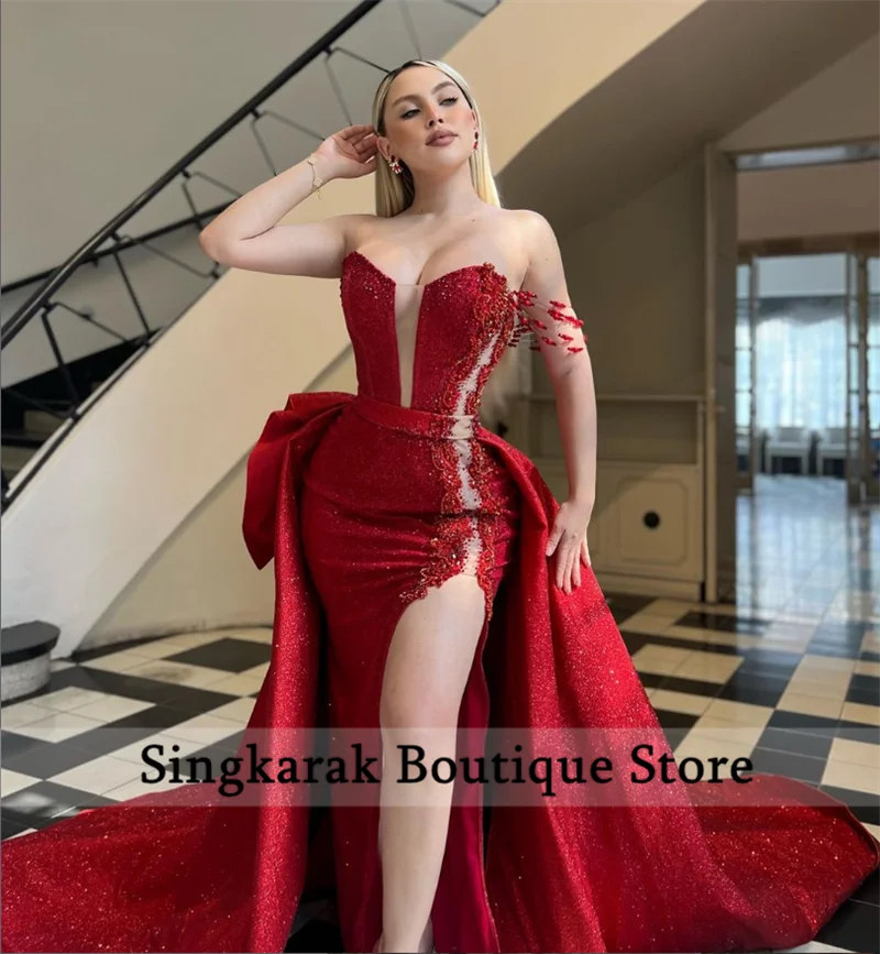 Glitter Red Evening Dresses With Detachable Train Glitter Beading Crystals Wedding Party Banquet Dance Party Gowns  Customized