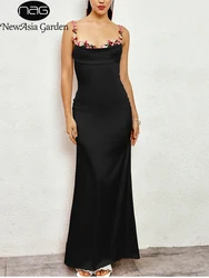 NewAsia Women's Floral Sleeveless Satin Long Dress Backless Tie Up Ruched Bodycon Party Club Maxi Dresses Summer Black Pink