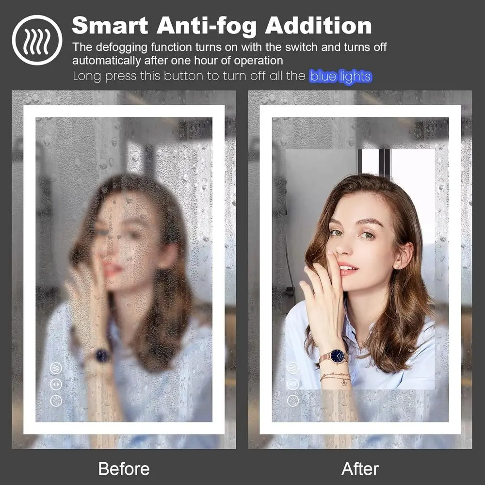 Miroir de salle de bain éclairé par LED 40 x 30 pouces avec antibuée, incassable et 3 options de couleurs