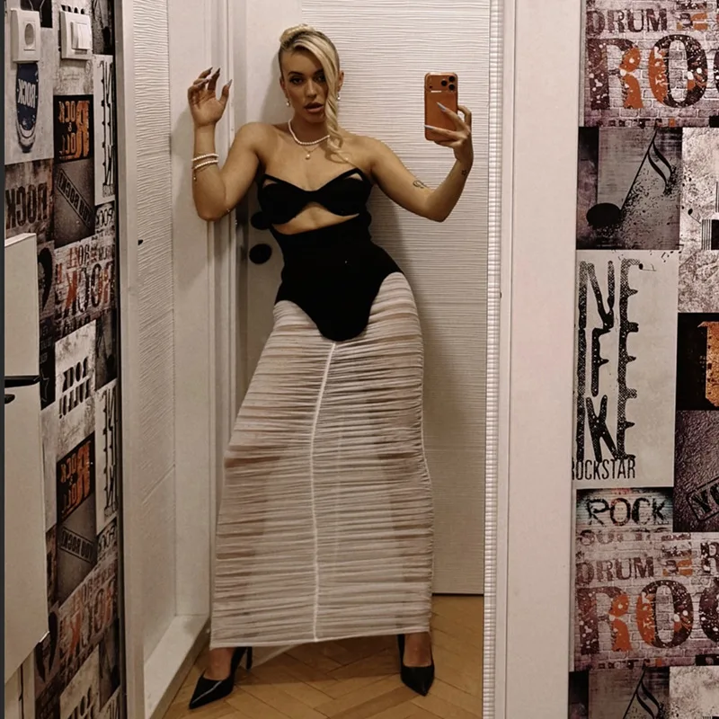 

Chic Sexy 2 Piece Set Women Hollow Out Strapless Asymmetrical Slim Tank Tops + Ruched See Through Mesh Bodycon Maxi Skirts Suits