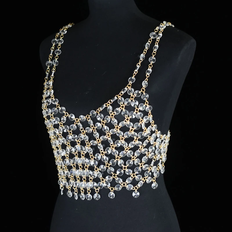 Women Shiny Crop Tops Stage Performance Crystal Camisole Bra Chain Clothing Y2K Camis Nightclub Party TV Show Tops Tank Tops
