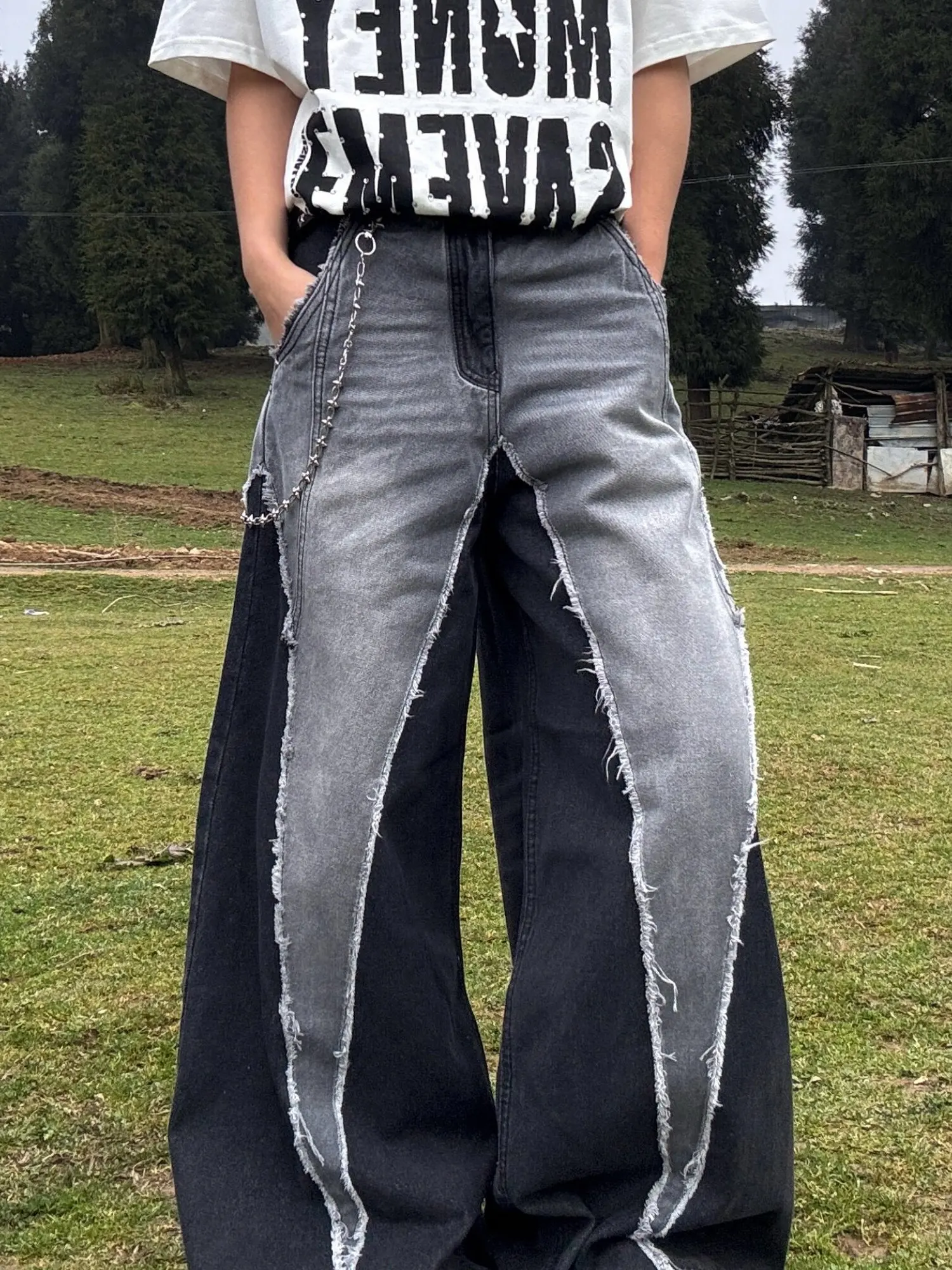 Calças Jeans Americanas de Corte Reto e Perna Larga, Estilo High Street, Design com Emendas, Casual, Unissex