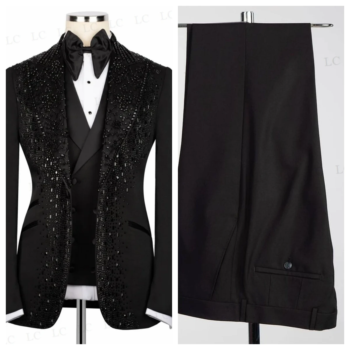 Style 3 Pieces Men Suits One Button Beads DiamondsWide Lapel High Fashion Tuxedo Slim Wedding Groom Prom Plus Size Custom Tailor