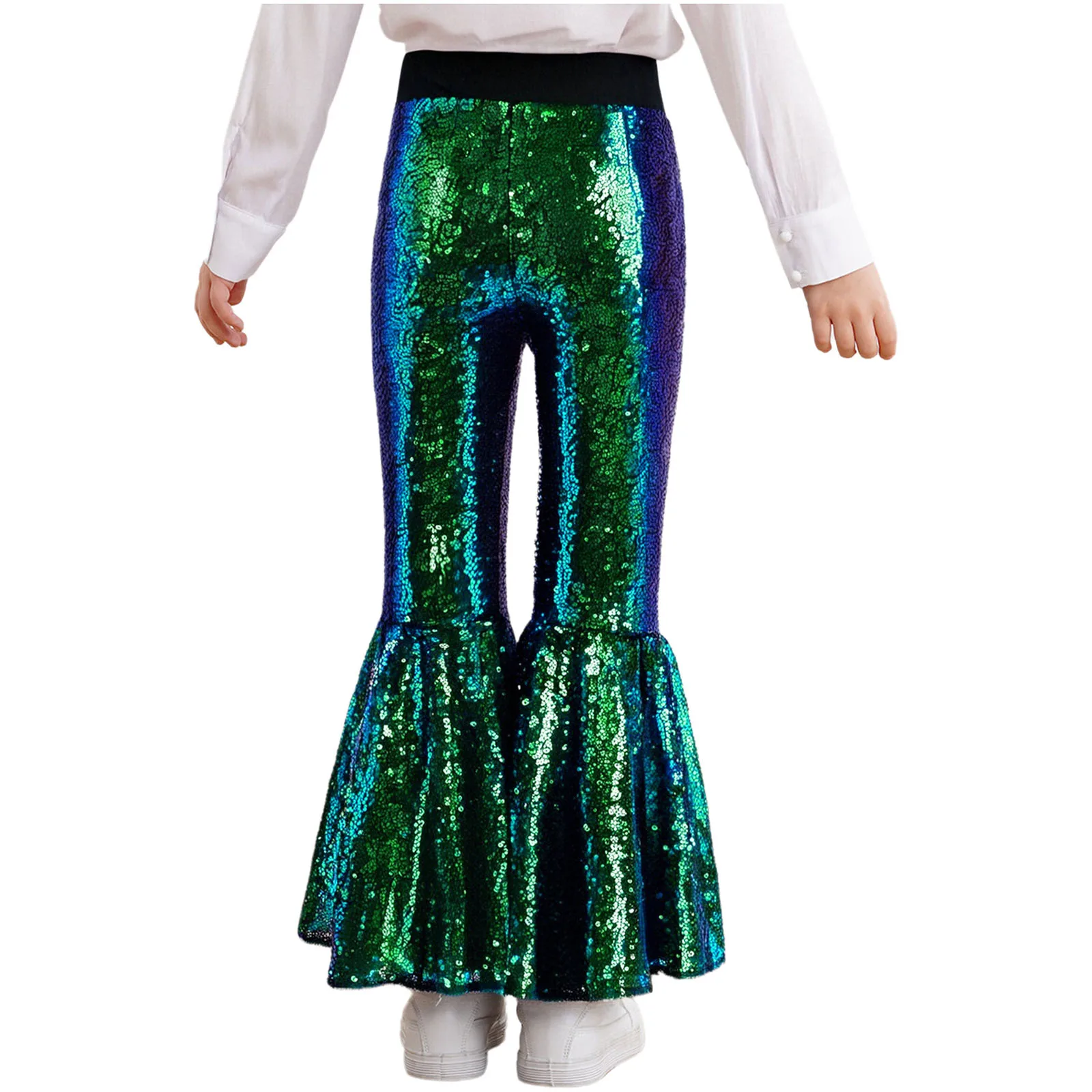 Kids Girls Jazz Latin Dance Pants Stage Performance Costume Glittery Sequins Flared Pants Elastic Waistband Bell-Bottom Trousers