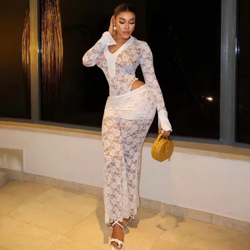 

Сексуальный прозрачный кружевной комплект с v-образным вырезом и брюками, женский комплект из двух предметов с цветочным принтом, вечерние клубные костюмы