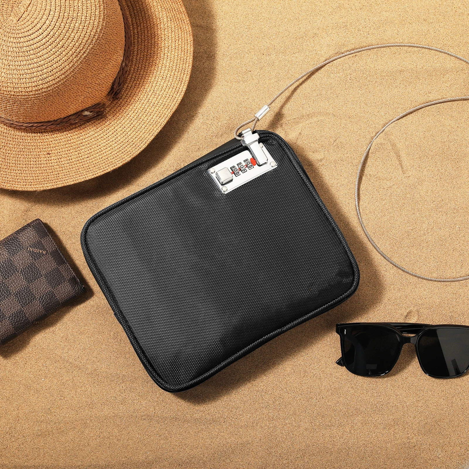 Lockable Beach Bag with Cable, Oxford Fabric, Travel Bag for Passport, Phone, Cash and Important Items
