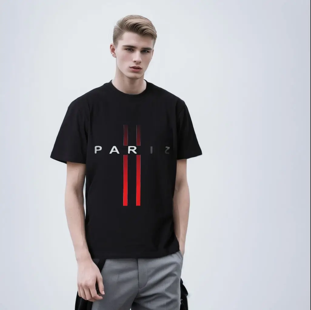 تي شيرت صيفي للرجال 100% من القطن الخالص فضفاض غير رسمي مقاس كبير بنمط حروف باريس مطبوع برقبة دائرية وأكمام قصيرة #6