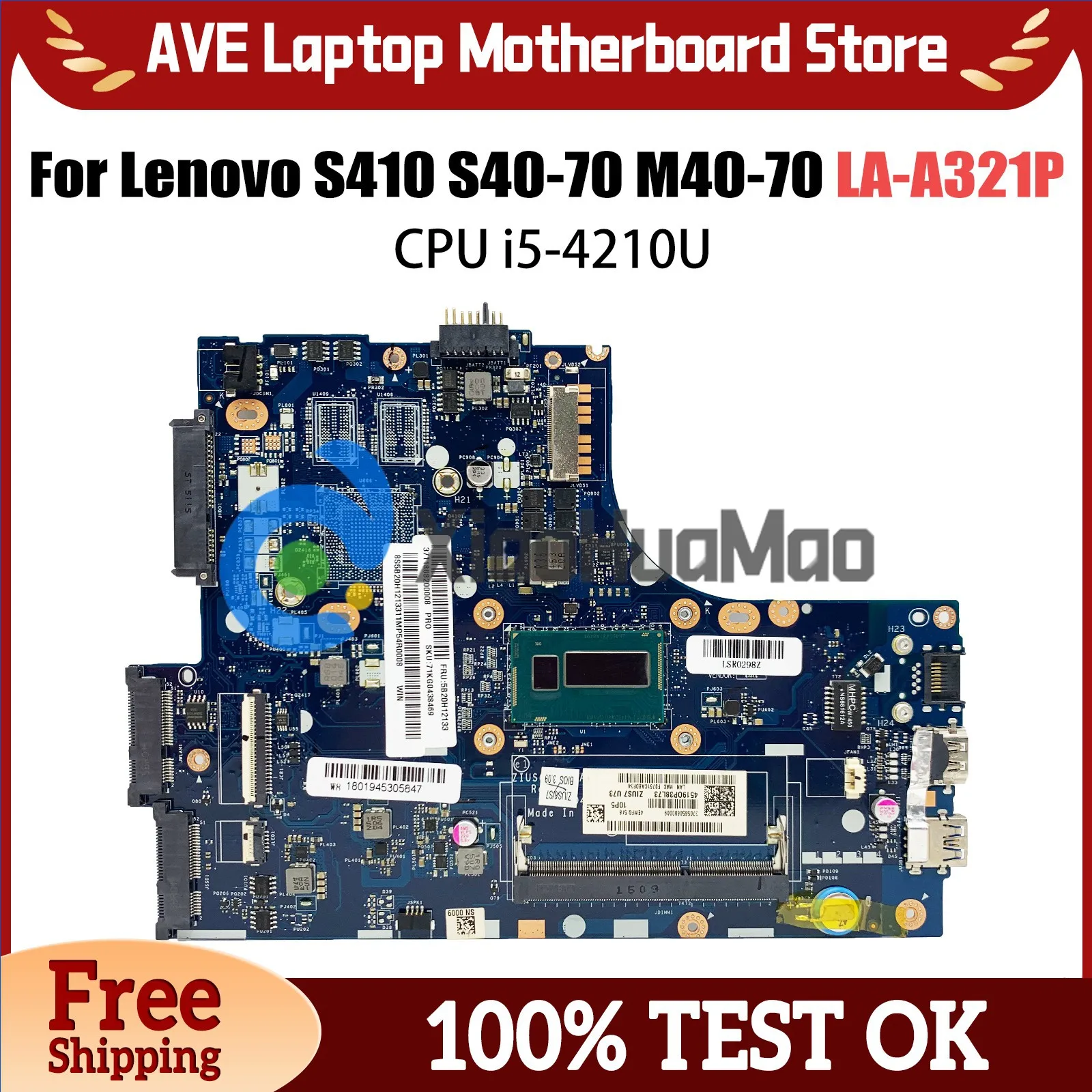 

LA-A321P Mainboard For Lenovo S410 S40-70 M40-70 Laptop Motherboard ZIUS6/S7 With i5-4210U CPU Working Good