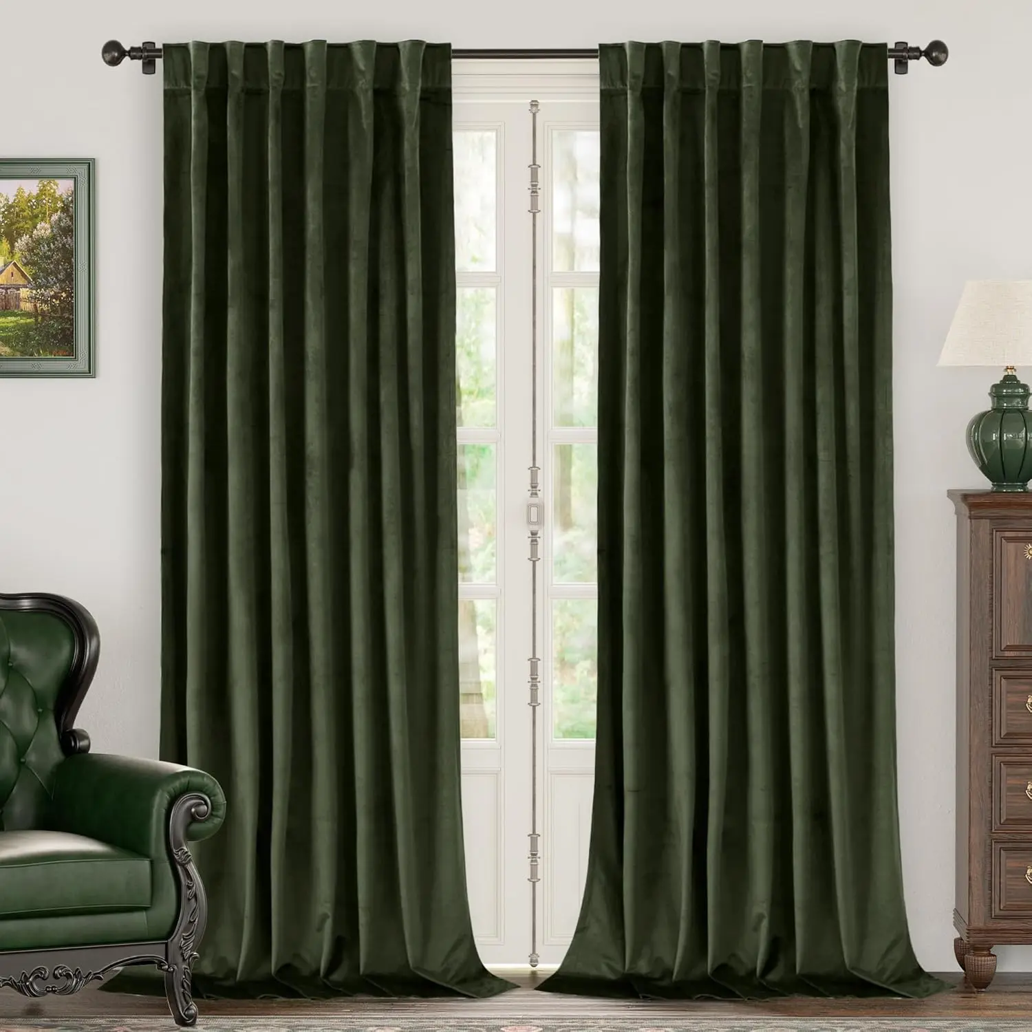 

Olive Green Velvet Curtains 84 Inch Length, Thermal Insulated Blackout Curtains Room Darkening Drapes with Back Tab and