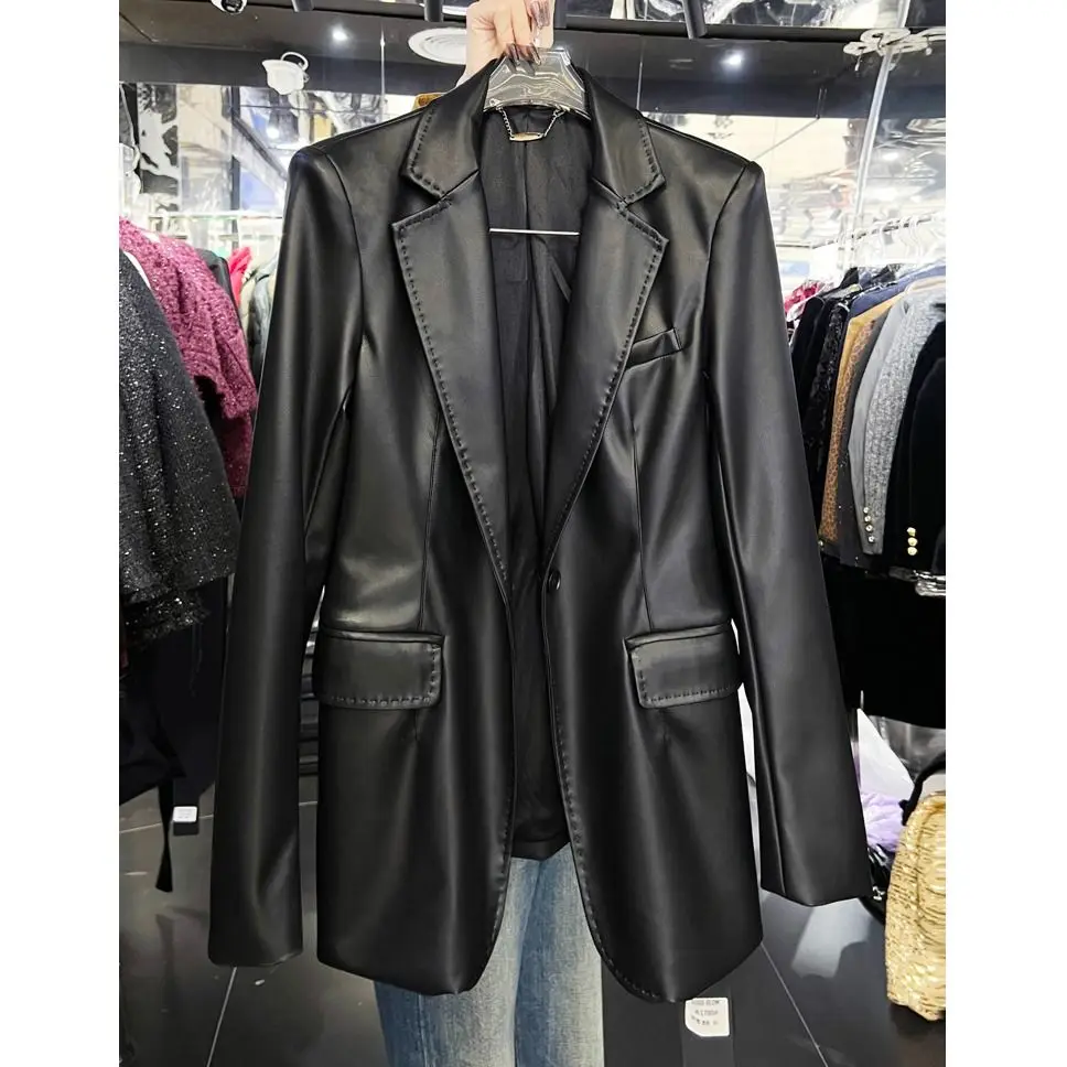 Super Sa Medium And Long Suit Leather Jacket women's 2026 Autumn Winter High-End Temperament Slim And Thin PU Leather Suit Tide