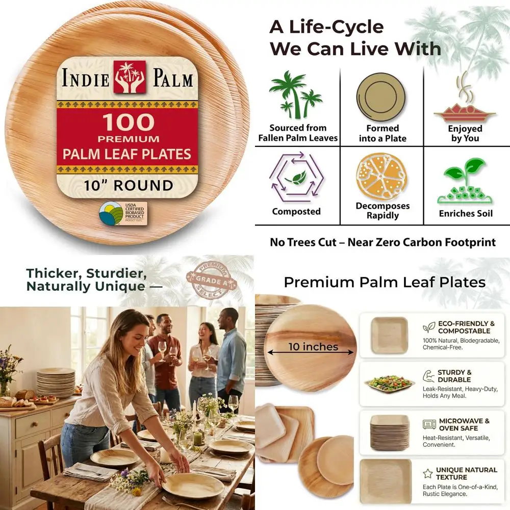 

100 Pack 10 Inch Round Disposable Palm Leaf Plates - Heavy Duty, 100% Compostable & Biodegradable - Eco-Friendly Alternative for