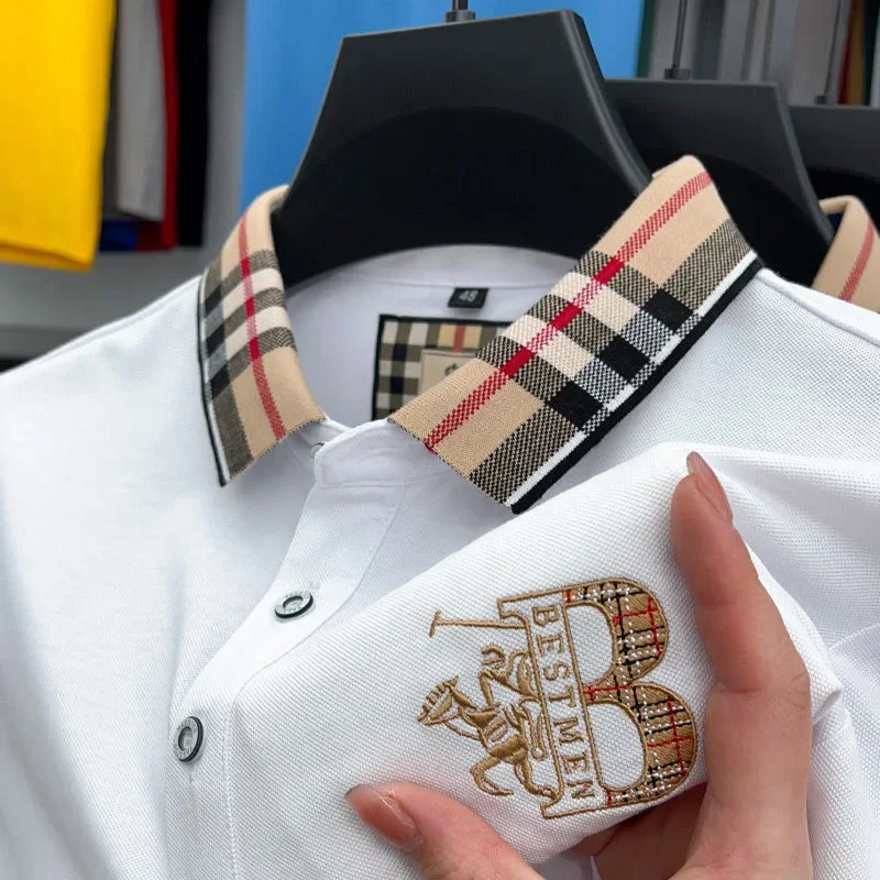 

Luxury Short Sleeve Men's Polo Shirt Summer High-end Fashion Plaid Embroidery Lapel Casual T-shirt Breathable Cotton Top Polo Sh