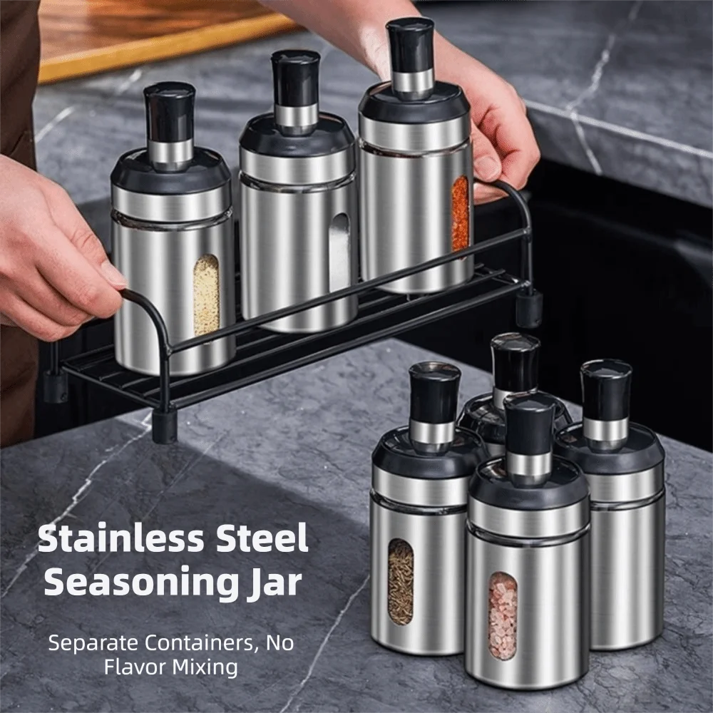 Stainless Steel Seasoning Jar Glass Sealed Seasoning Ingredients Container Rotating Cap with Spoon Spice Storage Box Kitchen