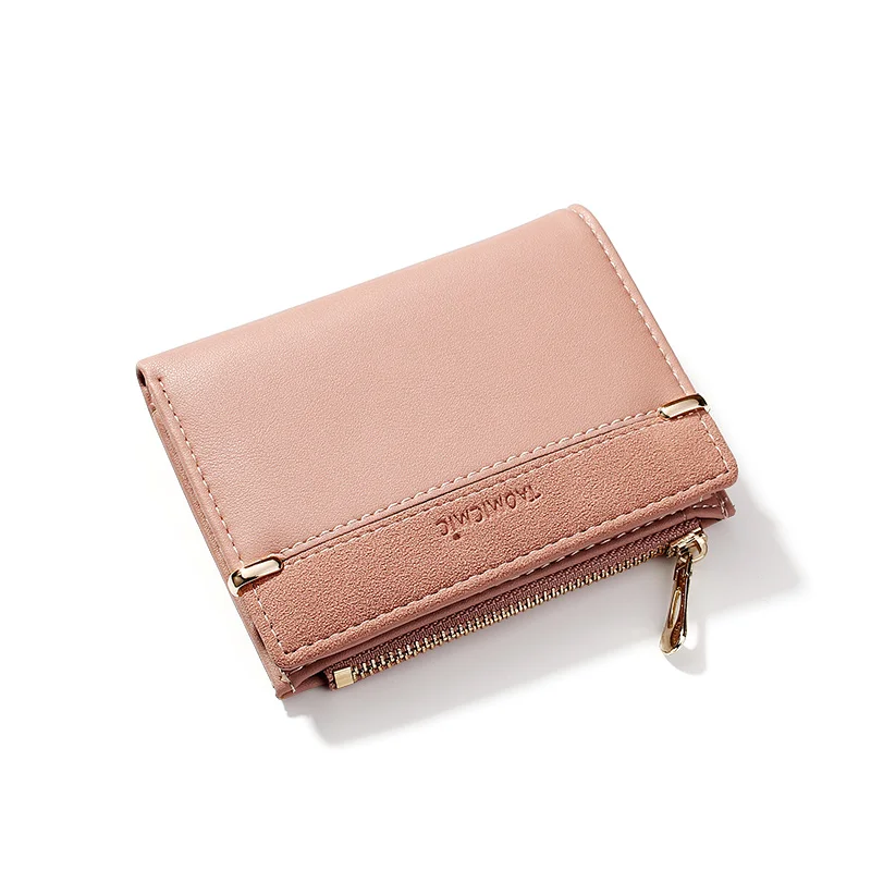 New Frosted Genuine Leather All-match Korean Style Coin Purse Multi-card Short Zipper Women's Storage Bag Two-fold Wallet Pink