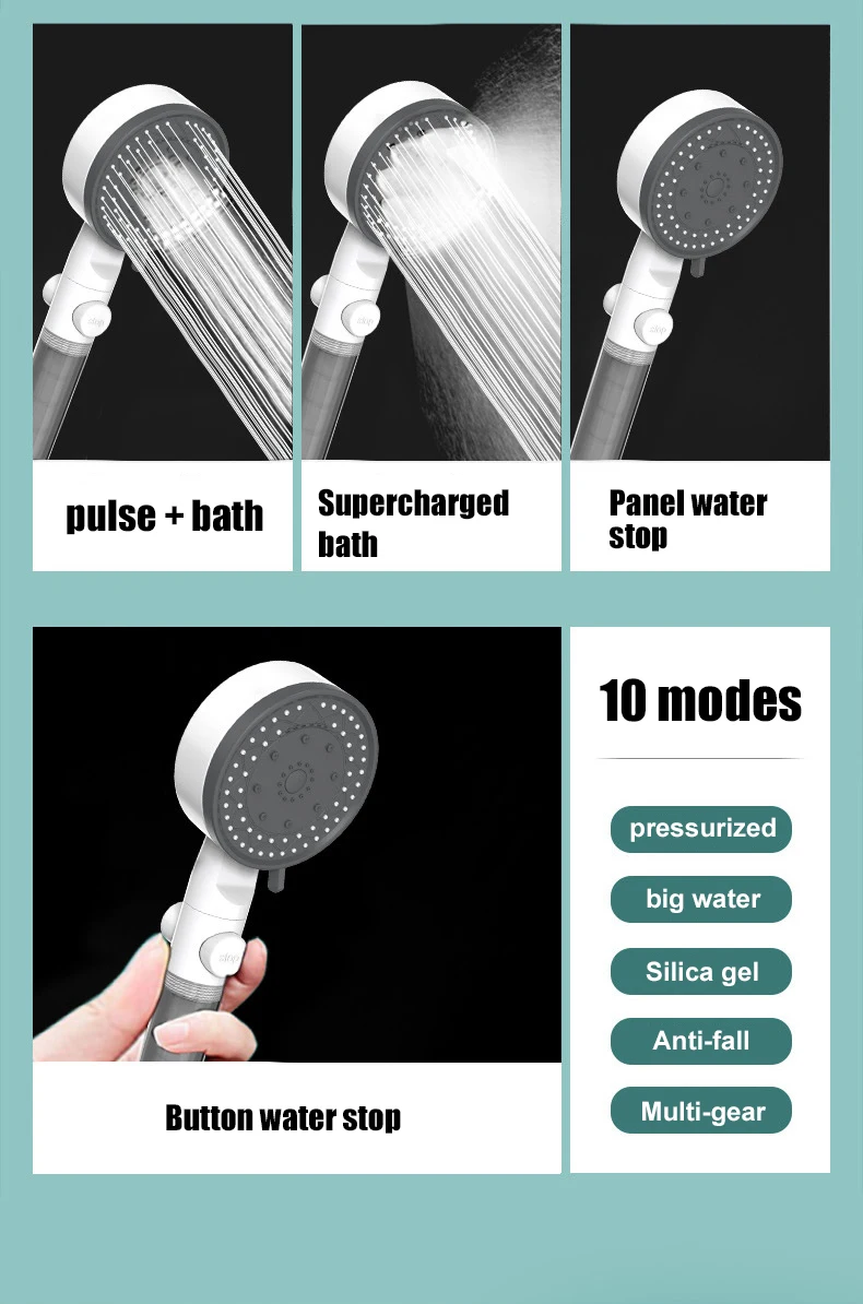 10 Sprühmodi, gefilterter Duschkopf, Hochdruck-Handbrause, wassersparend, sturzsicher, Badezimmer-Duschdüse – Detail 7