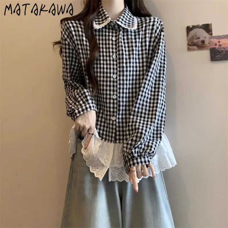 

Matakawa Lace Ruffles Blouses Plaid Spring Autumn Sweet Korean Fashion Chic Women Shirts Elegant Long Sleeve Blusas Mujer