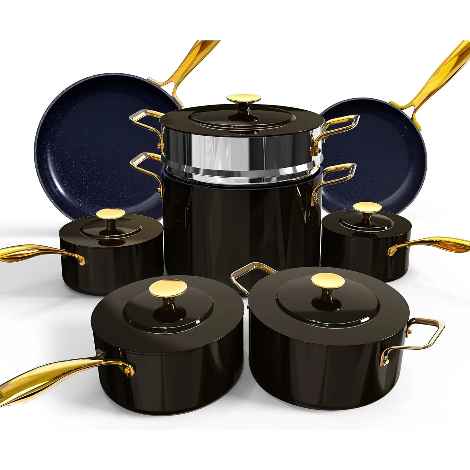 

Nuwave Lux LE 13-Pc Cookware Set Elegant Gold Handle Diamond Infused Ceramic Non-Stick PFAS Free Premium Metal Lids Black Coffee