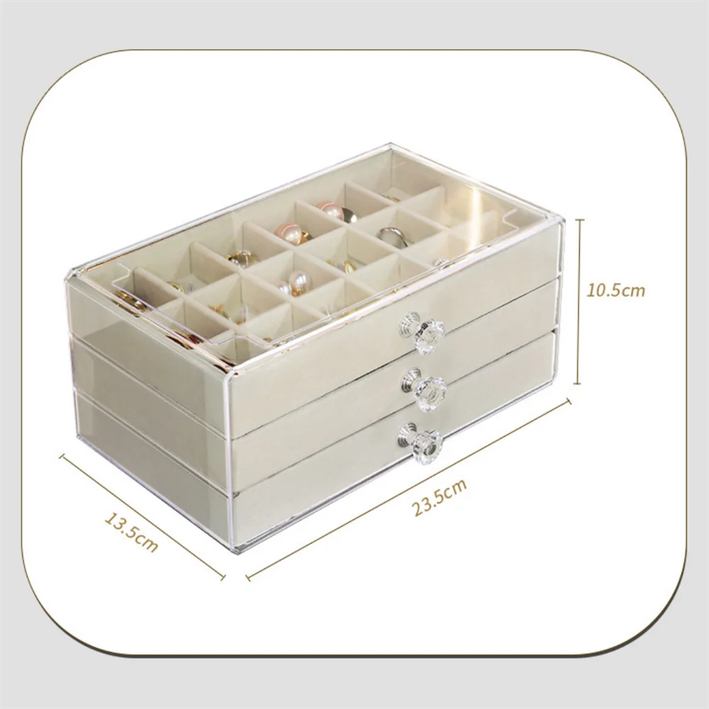 Transparent Visible Dustproof Jewellery Storage Box Three Drawer Plastic Ring Earring Case Moisture-proof Presentation Organizer