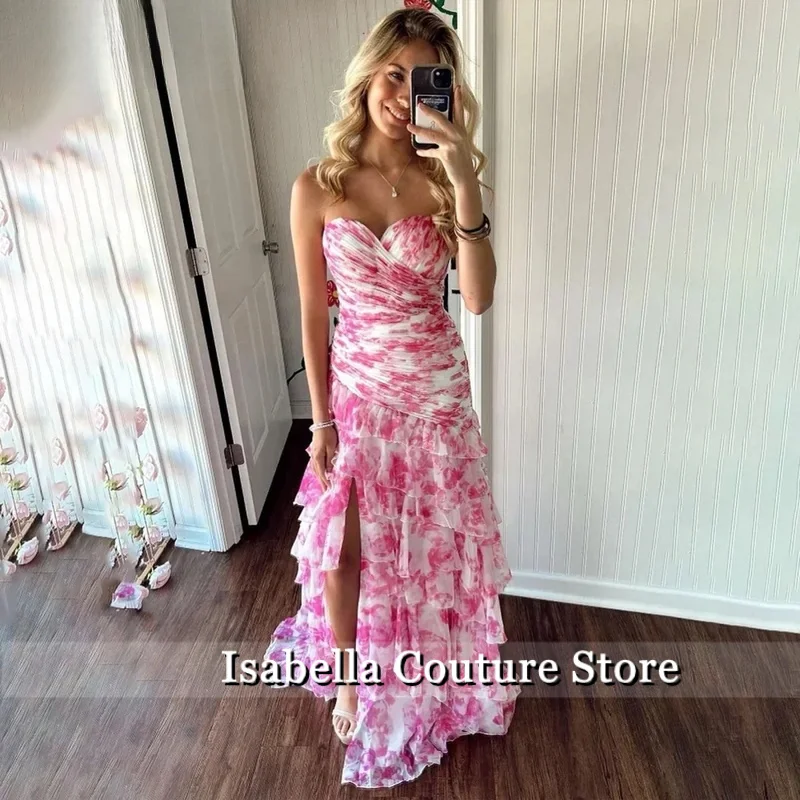 Różowe Sukienki na Bal Maturalny z Szyfonu w Kształcie Serca, Plisowane Sukienki Wieczorowe, Plisowane Sukienki Warstwowe na Imprezę z Rozcięciem na Boku, Szyte na Miarę