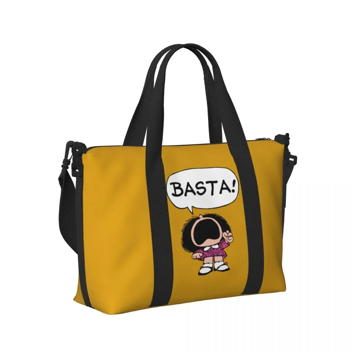 Custom Mafalda Basta Tote Bag for Women Large Capacity Quino Argentina Cartoon Beach Gym Travel Bags
