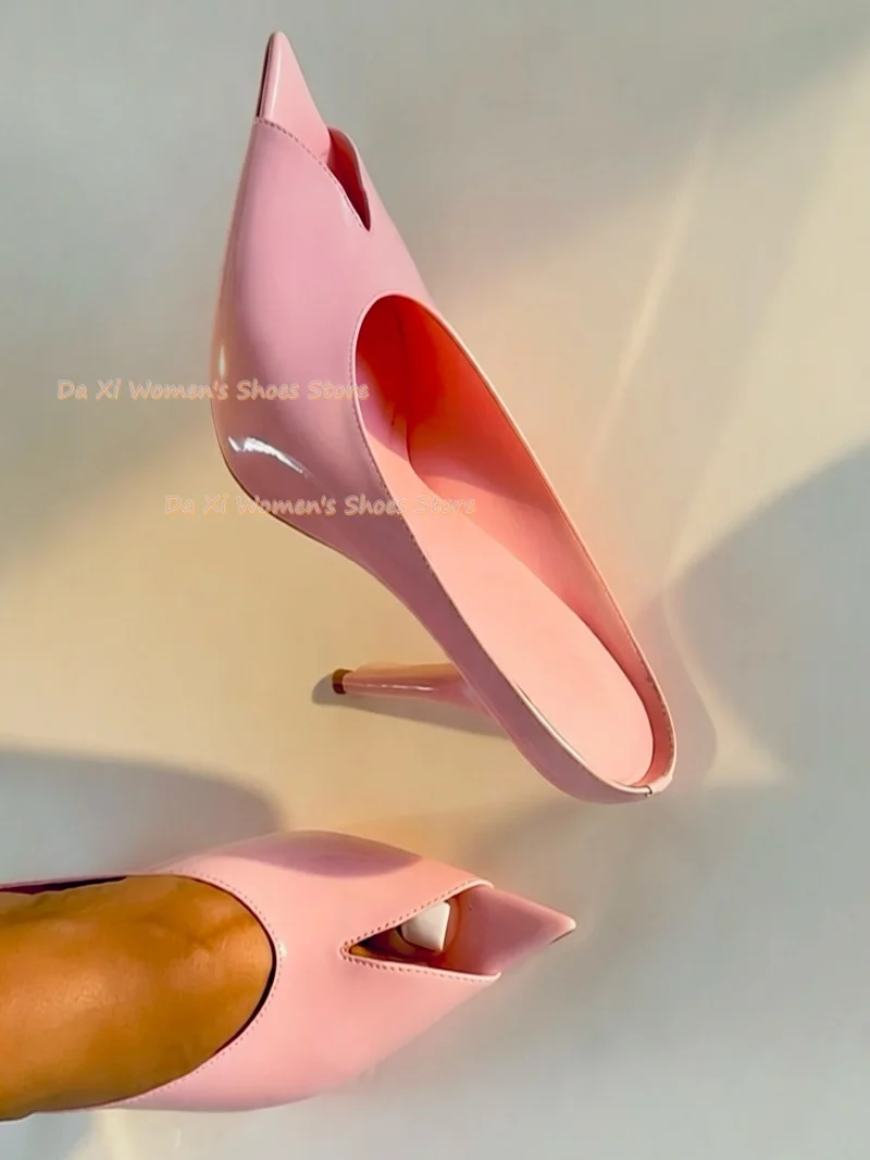 Pink Patent Leather Pointed V-neck Slippers Slippers Backless Stilettos Women's Wedding Shoes Manual Luxury High Heels New 2026